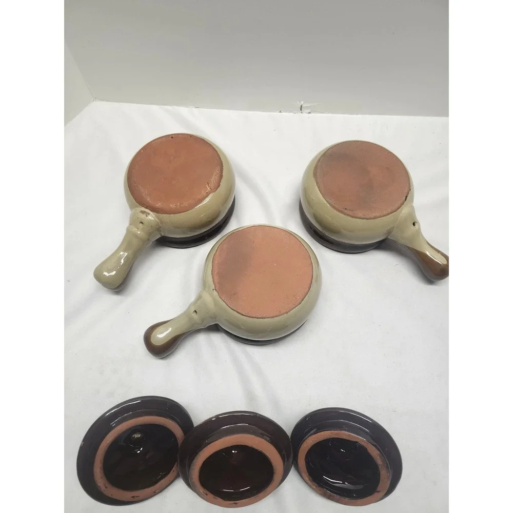 Vintage Brown Glazed Ceramic French Onion Soup Crocks with Lids Set of 3